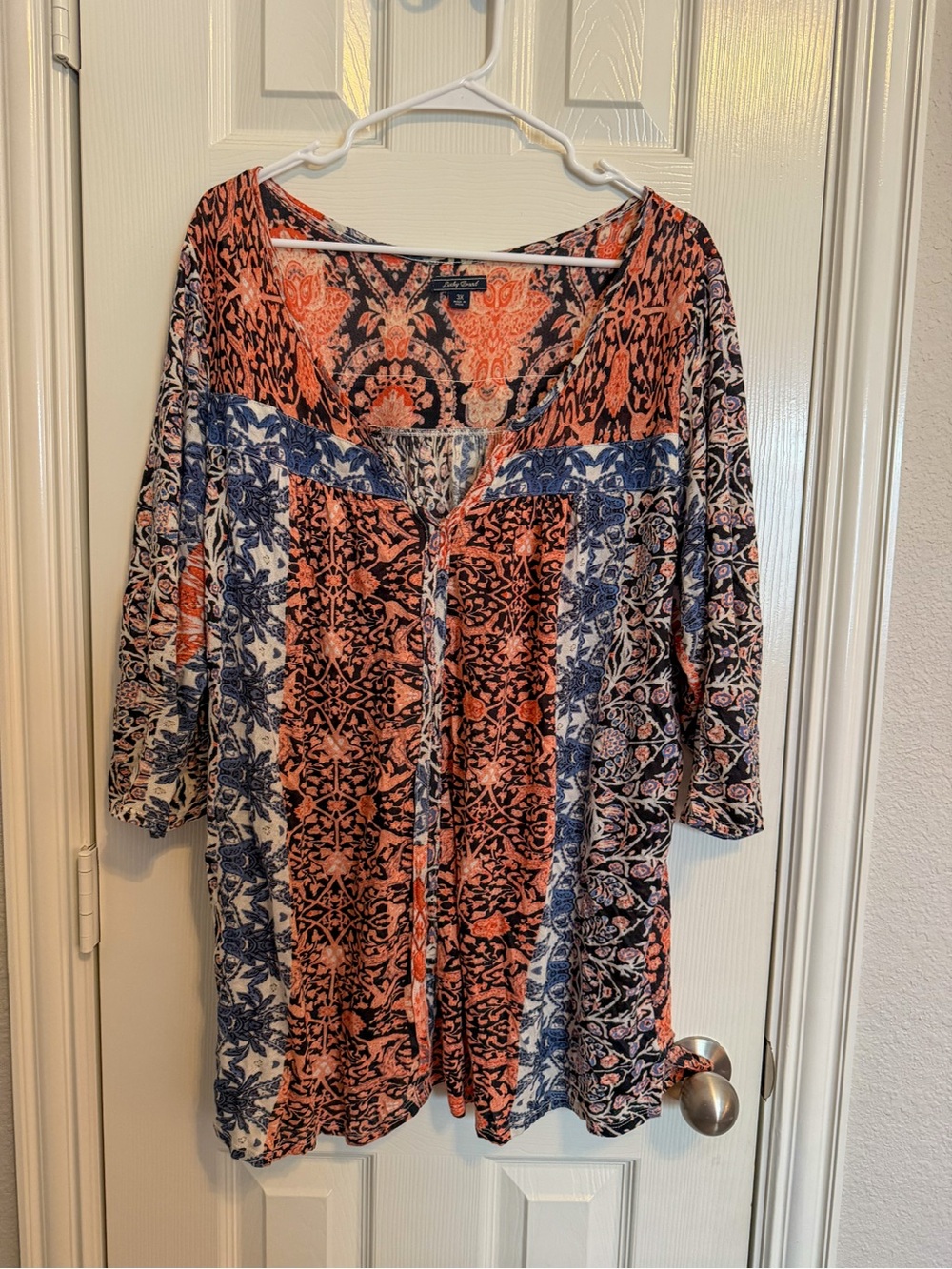 Lucky Brand 3X Patchwork Paisley Boho Tunic Top Orange Blue Plus Size